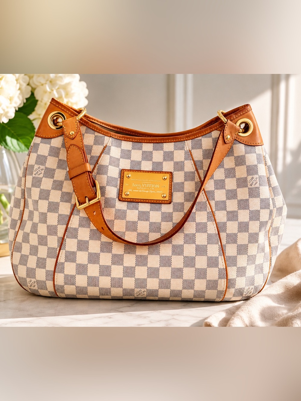 Louis Vuitton Damier Azur Canvas Shoulder Bag in Cream and Brown